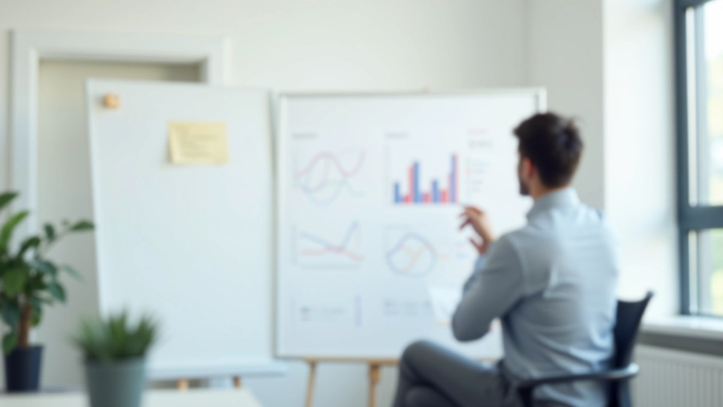 Finanzberater zeigt auf Diagramme auf Whiteboard mit Notizen, helles Büro mit natürlichem Licht