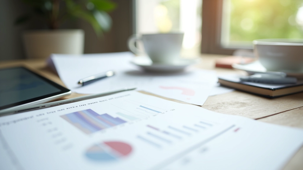 Moderner Finanzplanungsarbeitsplatz mit Sparplan-Dokumenten und digitalen Tools auf dem Schreibtisch