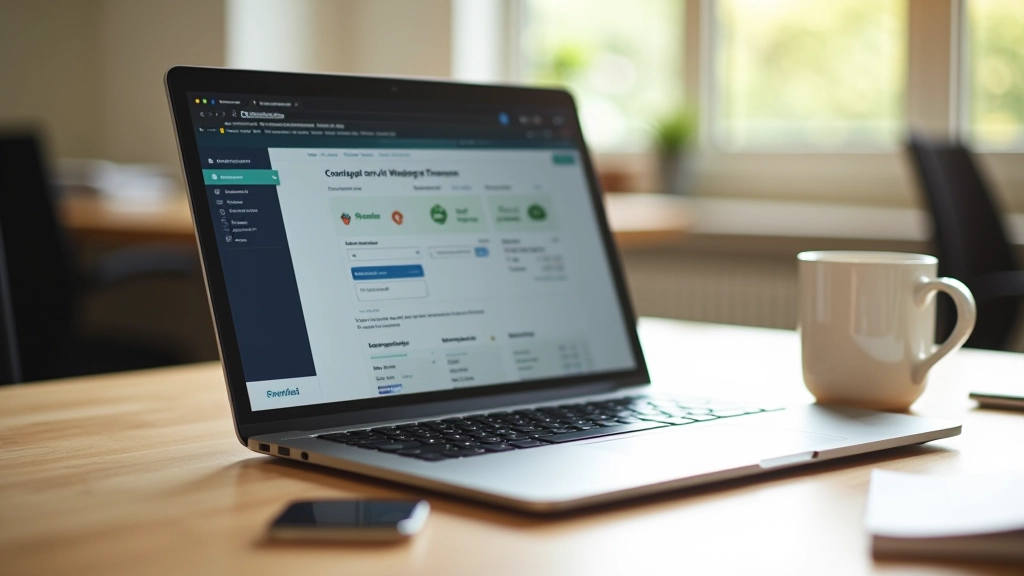 Laptop auf Schreibtisch mit Bankwebsite, Tasse Kaffee daneben, helles Tageslicht