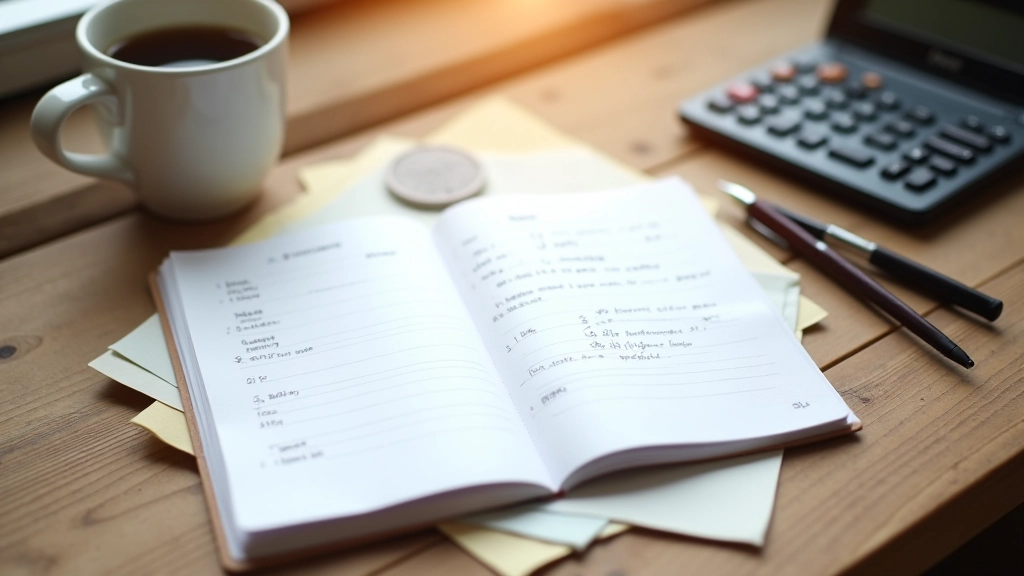 Notebook mit handschriftlichen Notizen auf Schreibtisch neben Tasse Kaffee
