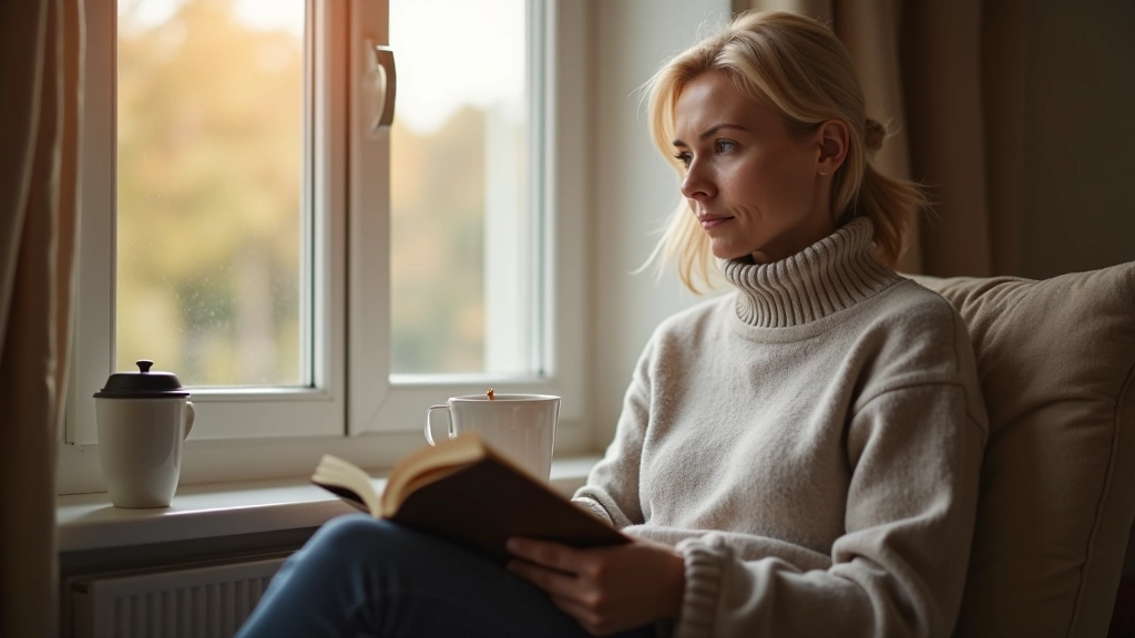 Person liest Finanzbuch am Fenster mit Kaffee