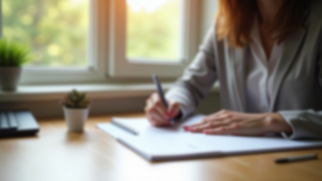 Frau sitzt am Schreibtisch mit Notizbuch und schreibt Sparplan auf, sonniges Homeoffice